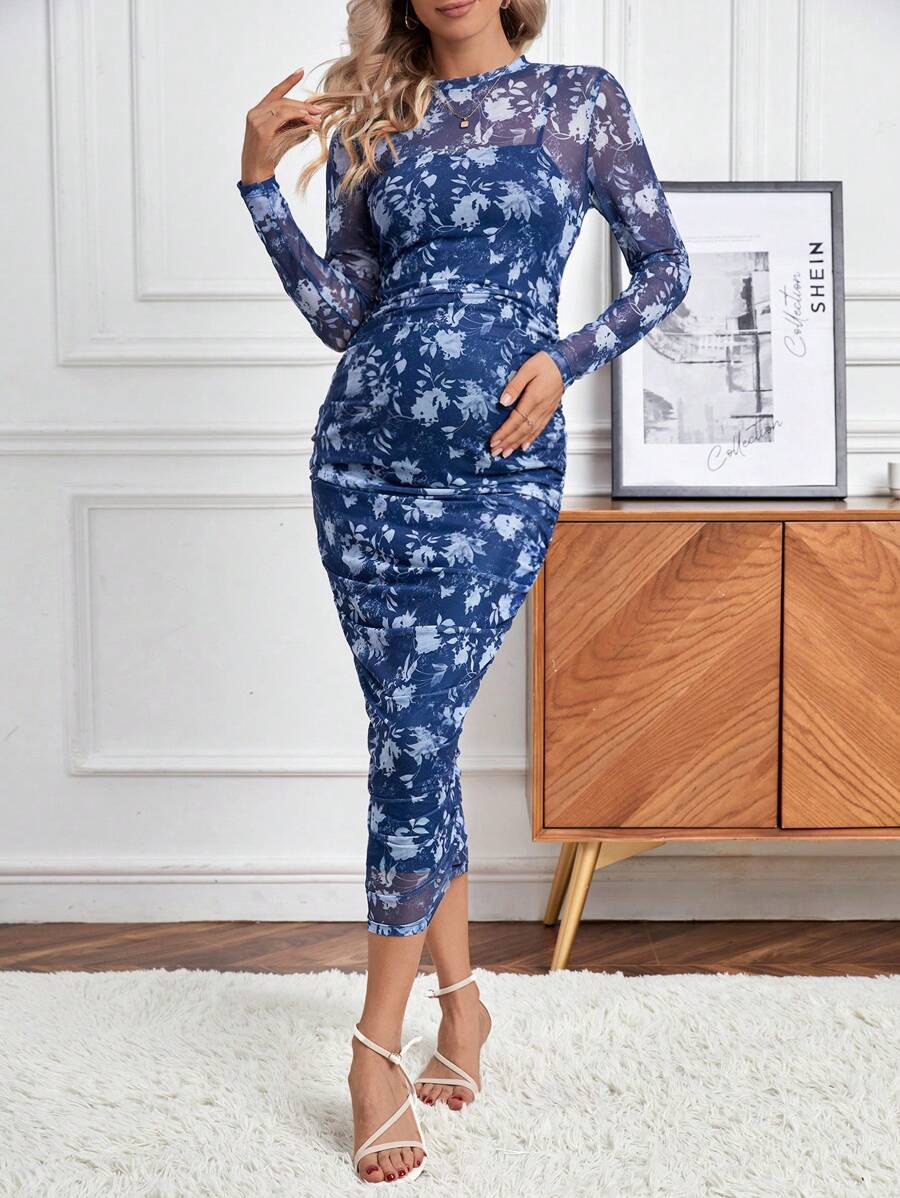 SHEIN Maternity Floral Print Ruched Side Mesh Bodycon Dress With Long Sleeve - Blue - View 1