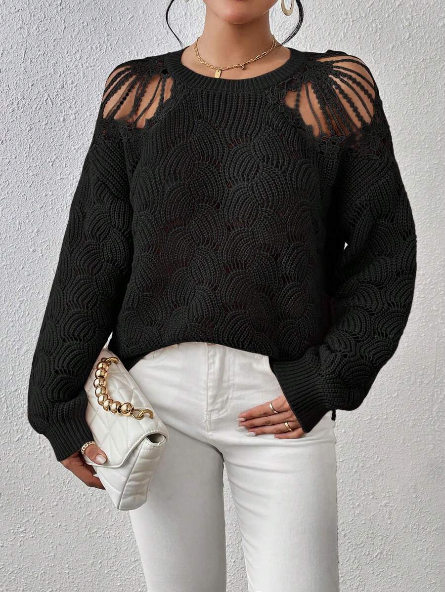 SHEIN LUNE Cắt ra Thả vai Dệt kim chấm bi Áo len - màu đen - Xem 1