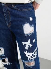 RueChic Men Cartoon Graphic Ripped Jeans - Blue - View 3