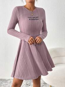 SHEIN Essnce Letter Graphic Ribbed Knit Dress - Dusty Pink - View 3