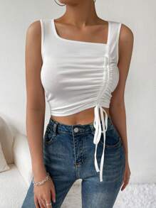 SHEIN Essnce Drawstring Front Crop Tank Top - White - View 1