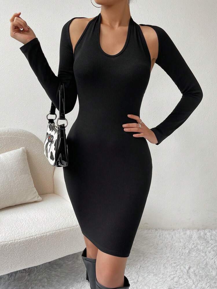 Solid Halter Bodycon Dress & Bolero Top