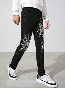 SHEIN Teen Boy Spider Web Print Straight Leg Jeans - Black - View 4
