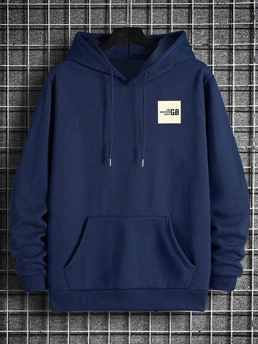 男士標語圖案袋鼠口袋束口帽衫 - 藏蓝色 - 查看 1