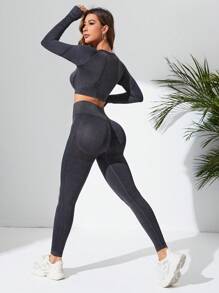 Easithlete 無縫插肩袖運動套裝 - 灰色 - 查看 2