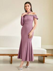 Modelyn Asymmetrical Neck Rhinestone Detail Mermaid Hem Dress Without Belt Long Evening Dresses