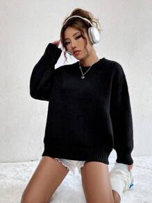 Flirla 纯色落肩毛衣，长袖上衣 - 黑色 - 查看 5