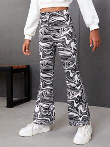 SHEIN Tween 女童休闲针织合身喇叭裤，带大理石纹图案 - 黑色 - 查看 5