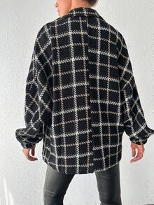 SHEIN Cottnline 格紋印花落肩袖夾克 - 黑色 - 查看 2