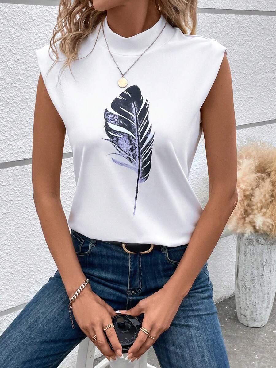 SHEIN LUNE Feather Print Mock Neck Tee - White - View 1
