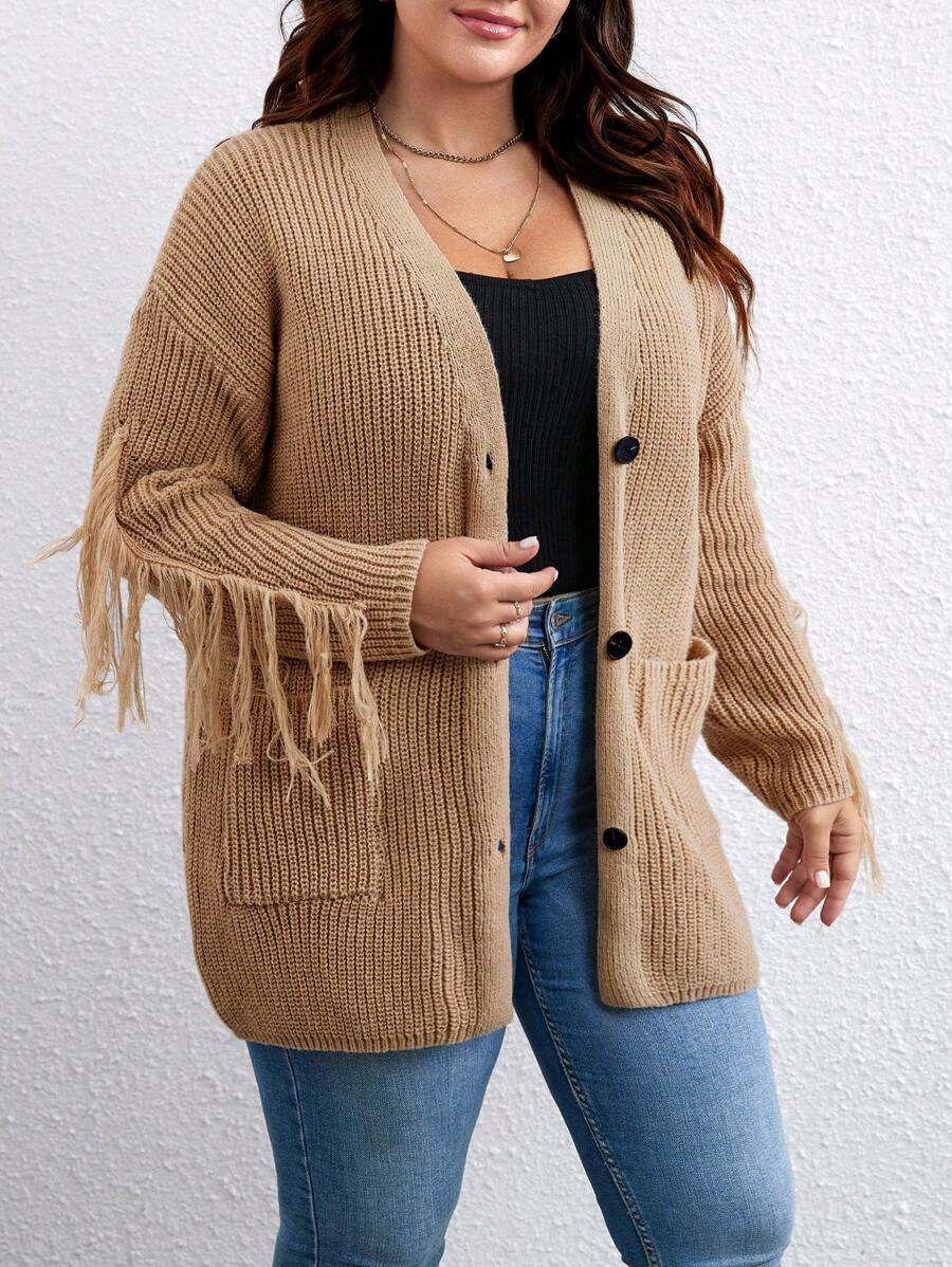 SHEIN LUNE Plus Fringe Trim Drop Shoulder Pocket Patched Cardigan - Khaki - View 1