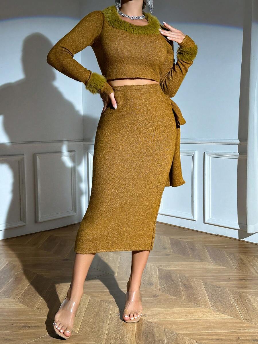 Zolique Fuzzy Trim Crop Sweater & Knit Skirt - Khaki - View 1