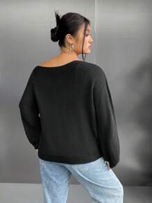 SHEIN EZwear Hơn Cổ không đối xứng Thả vai Áo len - màu đen - Xem 2