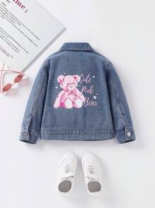 女小童熊和字母圖案牛仔夾克