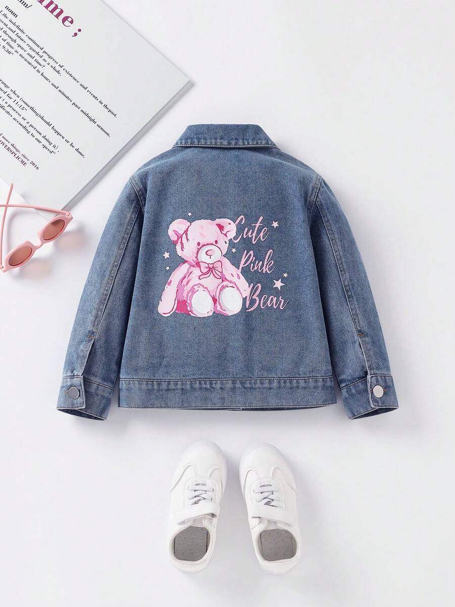 女小童熊和字母圖案牛仔夾克
