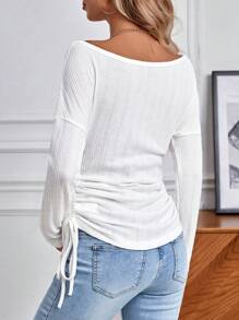 SHEIN 孕妇露肩抽绳长袖侧 T 恤 - 白色 - 查看 2