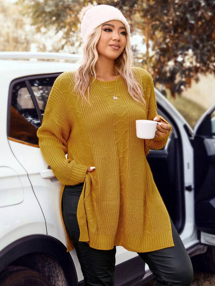 Plus Ribbed Knit Drop Shoulder Split Hem Sweater, For Winter Knit Pullover Fall Autumn