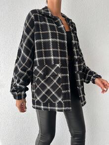 SHEIN Cottnline 格紋印花落肩袖夾克 - 黑色 - 查看 5