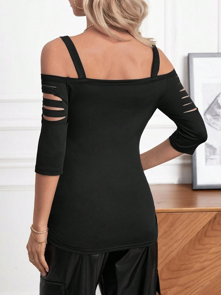 Cold Shoulder Ladder Ripped Tee