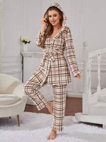 Plaid Print Belted PJ Set - Multicolor - View 5
