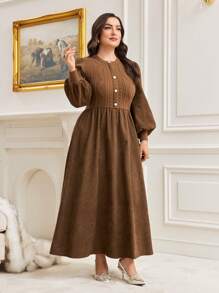 Mulvari Hơn Tay áo lồng đèn Nút phía trước Đầm - Cà phê nâu - Xem 5