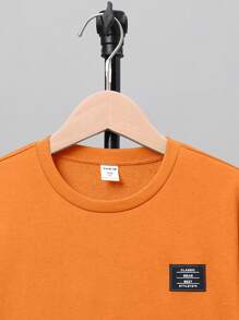 SHEIN Tween Boy Casual Fashion Street Letter Patch Long Sleeve 2 In 1 Knit T-Shirt, Spring/Autumn, Orange Shirt, Orange And White Boy Shirts, Long Sleeve For Autumn, Orange,Winter,Fall,Fall - Orange - View 5