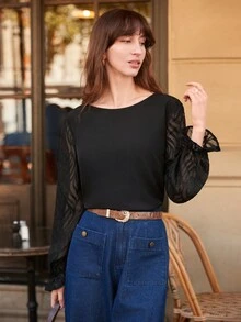 SHEIN Frenchy Lưới tương phản tay áo lá sen Cắt vỏ sò Nút Quay lại Áo sơ mi - màu đen - Xem 3