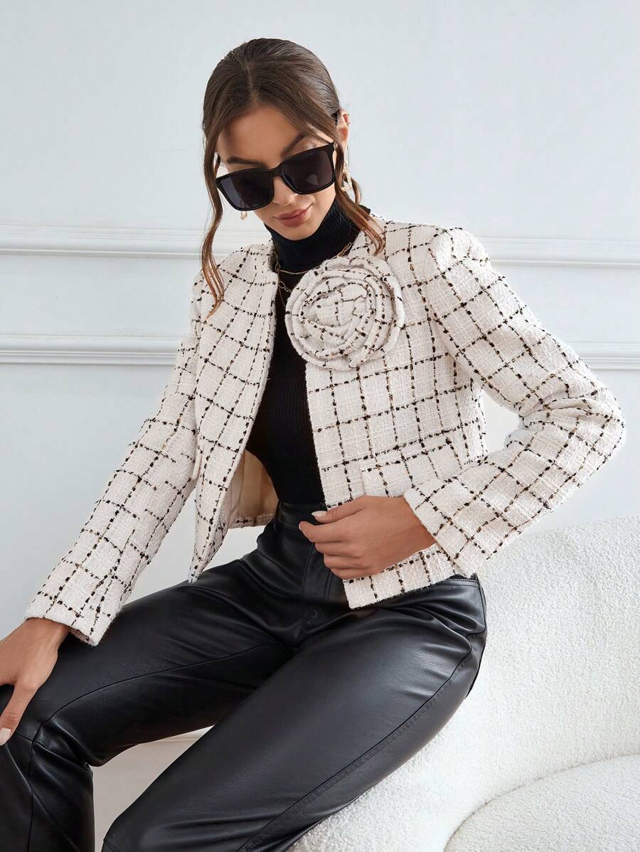 SHEIN Privé 格紋印花花卉圖案補丁貼開門襟花呢外套 - 白色 - 查看 1