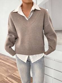 SHEIN Unity Suéter holgado y casual de cuello en V de manga larga para mujer, otoño/invierno - Camel - Ver 3