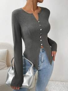 SHEIN Essnce Notched Neck Button Front Tee