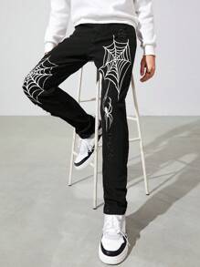 SHEIN Teen Boy Spider Web Print Straight Leg Jeans - Black - View 1