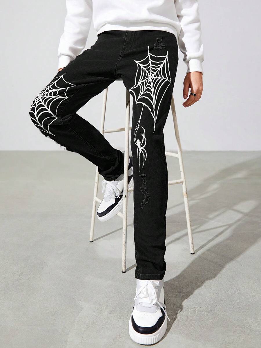 SHEIN Teen Boy Spider Web Print Straight Leg Jeans - Black - View 1