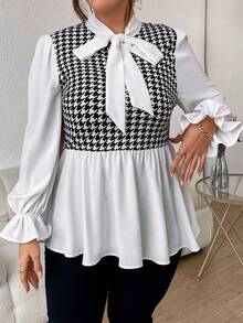 SHEIN Privé Hơn In Houndstooth tay áo lá sen Cà vạt Áo Peplum - Đen và trắng - Xem 6