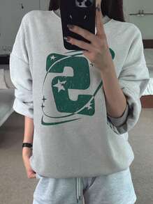 DAZY 字母图案落肩超大套头衫，秋装运动衫 - 灰色 - 查看 4