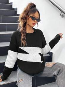 SHEIN EZwear Lightning Pattern Drop Shoulder Sweater - Black and White - View 5