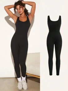 SHEIN BASICS Solid Unitard Jumpsuit - Black - View 1