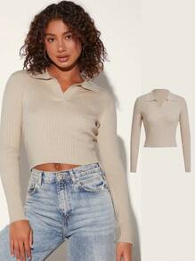 SHEIN BASICS Solid Ribbed Knit Crop Sweater - Apricot - View 1
