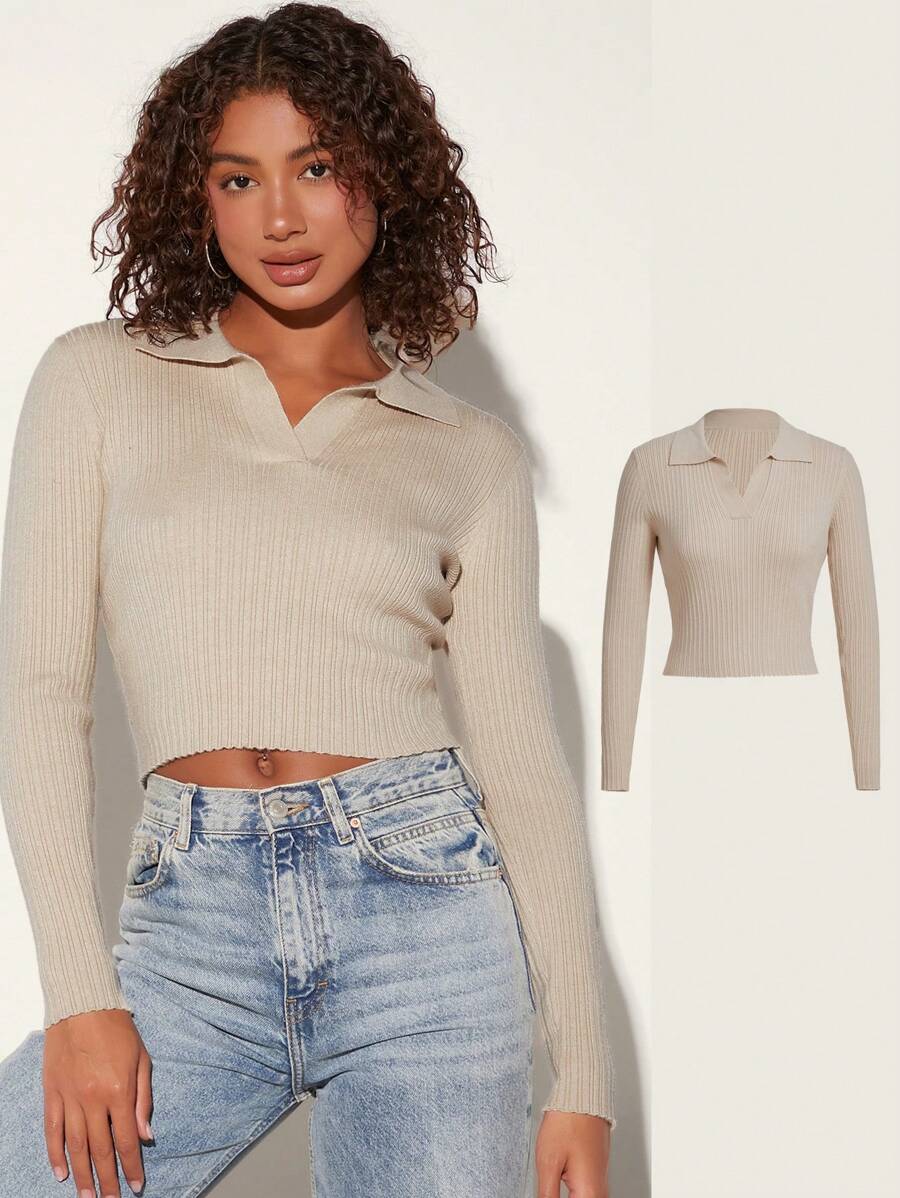 SHEIN BASICS Solid Ribbed Knit Crop Sweater - Apricot - View 1