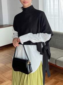 FRIFUL Turtleneck Knot Side Sweater Vest Without Tee Fall,Winter - Black - View 4