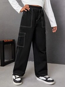 SHEIN Tween Girls' Winter Warm Loose Fit Knitted Wide Leg Pants For Casual