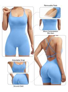 Slayform Criss Cross Backless Sports Romper - Blue - View 5