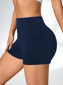 SHEIN Sports 女士纯色高腰休闲健身短裤 - 藏蓝色 - View 4