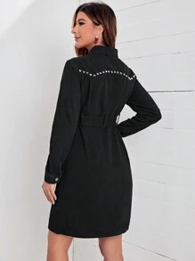 SHEIN LUNE Vestido De Mezclilla Con Cinturón, Bolsillo Con Solapa Y Tachuelas