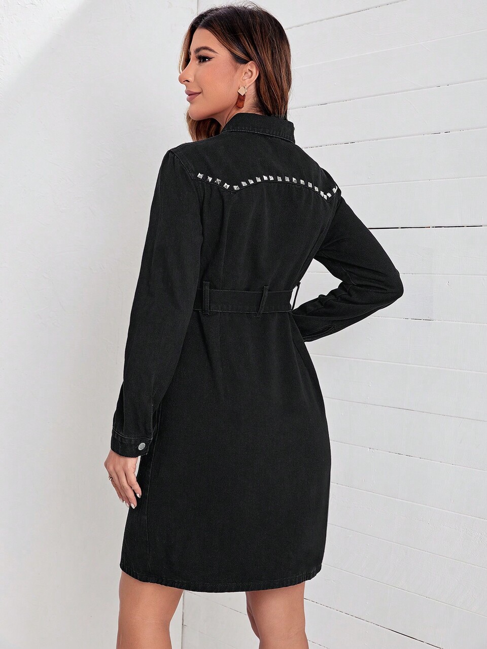 Studded Flap Pocket Belted Denim Dress