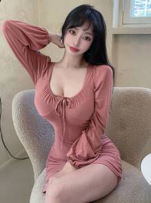 DAZY 纯色系带前褶皱紧身连衣裙，秋季连衣裙长袖连衣裙 - 粉色 - 查看 1