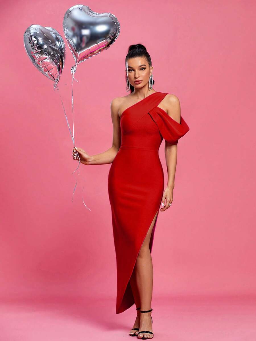 One Shoulder Ruffle Trim Split Thigh Dress - Red - View 1