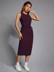 SHEIN EZwear 條紋印花高衩洋裝 - 紅色 - 查看 4