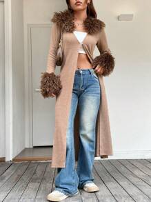 SHEIN EZwear Fuzzy Cuff Longline Coat - بني - مشاهدة 7