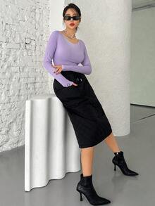 SHEINNeu Dual Pocket Drawstring Waist Quilted Skirt - Black - View 4