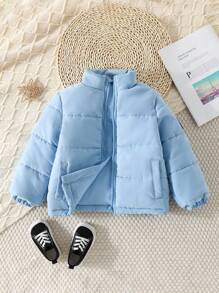 SHEIN Young Boy Zip Up Slant Pocket Padded Coat - Blue - View 1